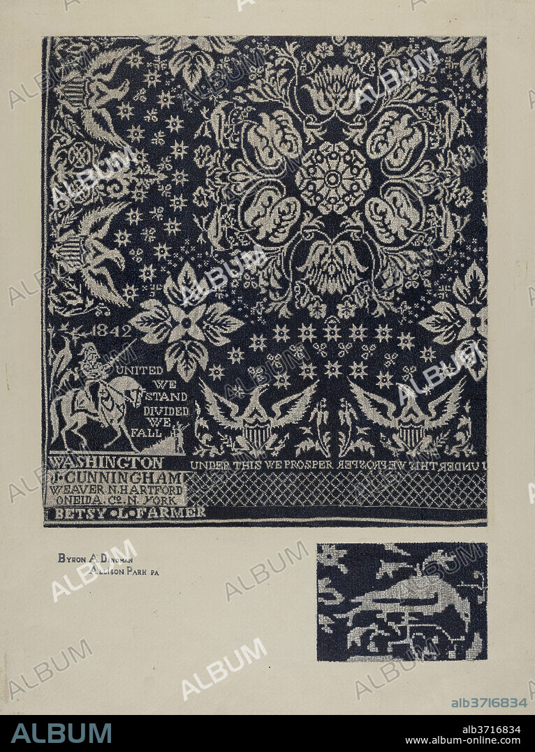 ESTHER HANSEN. Textile of George Washington. Dated: 1935/1942. Dimensions: overall: 61.8 x 47 cm (24 5/16 x 18 1/2 in.)  Original IAD Object: 78" wide; 94" long. Medium: watercolor, graphite, and pen and ink on paper.