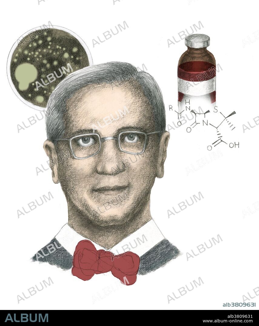 Alexander Fleming depicted with a petri dish containing Penicillium notatum (the mold from which the antibiotic penicillin originally derived), as well as a vial of penicillin, and it's chemical compound structure. Sir Alexander Fleming (1881-1955) was a Scottish biologist and pharmacologist. He wrote many articles on bacteriology, immunology, and chemotherapy. His best-known discoveries are the discovery of the enzyme lysozyme in 1923 and the antibiotic substance penicillin from the mold Penicillium notatum in 1928, for which he shared the Nobel Prize in Physiology or Medicine in 1945 with Howard Florey and Ernst Boris Chain.