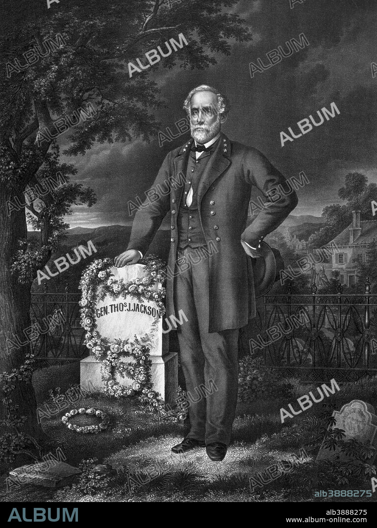 Vintage Civil War print of General Robert E. Lee visiting the grave of Confederate General Thomas Stonewall Jackson.