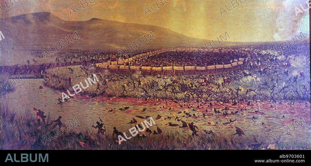 Zulu Wars - Painting of the Battle of Blood River by W H Coetzer in Natal Archives Depot. The Battle of Blood River on 16 December 1838 was fought between 470 Voortrekkers, led by Andries Pretorius and an estimated 10,000 Zulu attackers on the banks of the Ncome River in what is today KwaZulu-Natal in South Africa. In the decisive Voortrekker victory, casualties amounted to three thousand Zulu deaths and three wounded Voortrekkers.