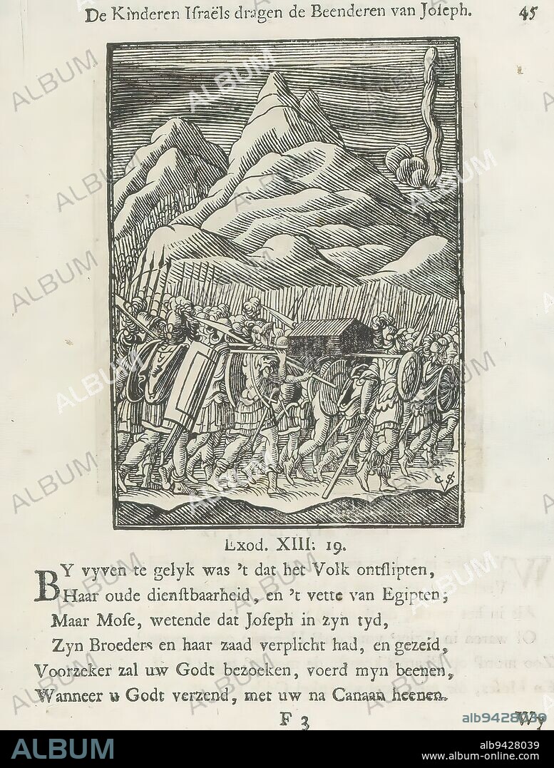Moses departs from Egypt and takes Joseph's body with him, The children of Israel carry the bones of Joseph (title on object), Upon leaving Egypt, Moses takes Joseph's bones with him. Above the image is a title. Below, six verses and a reference to Exodus 13: 19. The print is part of an album., print maker: Christoffel van Sichem (II), (mentioned on object), print maker: Christoffel van Sichem (III), (mentioned on object), publisher: Jan Klooster, Amsterdam, 1645 - 1646 and/or 1740, paper, letterpress printing, height 111 mm × width 80 mm, height 179 mm × width 135 mm.