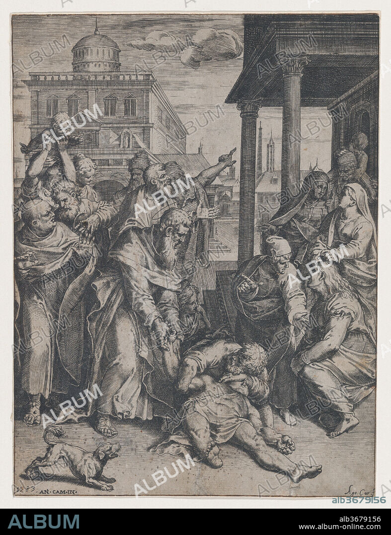 Saint Paul raising Patroclus who is on the ground, surrounded by a group of onlookers, a dog in the foreground at left. Artist: Agostino Carracci (Italian, Bologna 1557-1602 Parma); After Antonio Campi (Italian, Cremona 1523-1587 Cremona). Dimensions: Sheet (Trimmed): 9 1/2 × 7 3/16 in. (24.1 × 18.2 cm). Date: 1583.
Sheet has been trimmed to image. According to the catalogue raisonné (DeGrazia Bohlin 1979) there was an inscription in the margin that read: 'D·PAVLI·MYRACVLVM·IN·NERONIS·PALATIO·FACTVM·'.