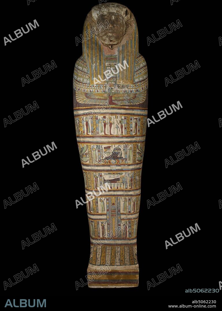 Painted plaster on wood coffin belonging to Lady Tadi-en-hent awy daughter of Nes-Khonsu, 650-500 BC, Ancient Egypt, Sarcophagus, Death, Coffin, Mummy, hieroglyphs.