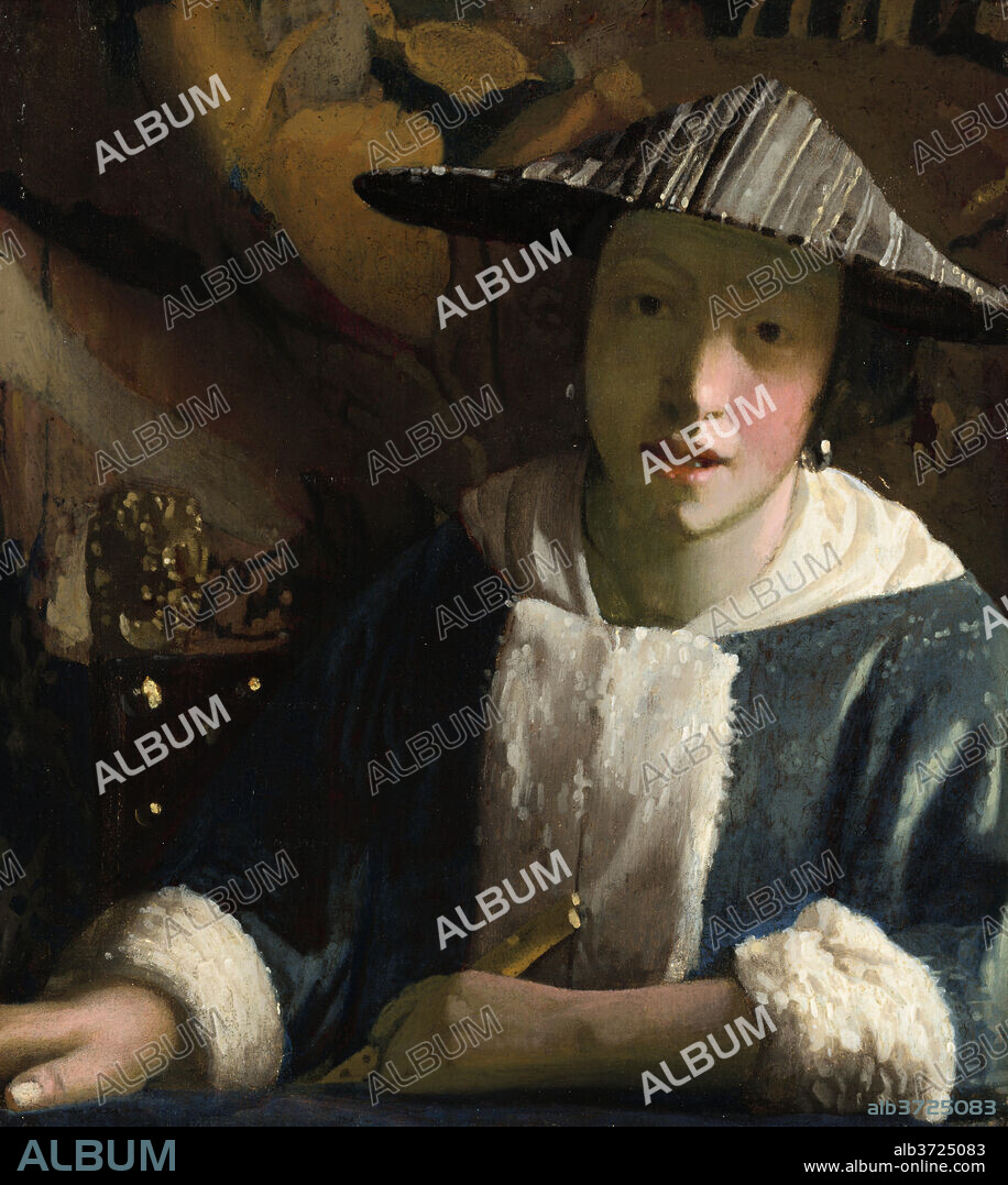 ATTRIBUTED TO JOHANNES VERMEER. Girl with a Flute. Dated: probably 1665/1675. Dimensions: painted surface: 20 x 17.8 cm (7 7/8 x 7 in.)  framed: 39.7 x 37.5 x 5.1 cm (15 5/8 x 14 3/4 x 2 in.). Medium: oil on panel.