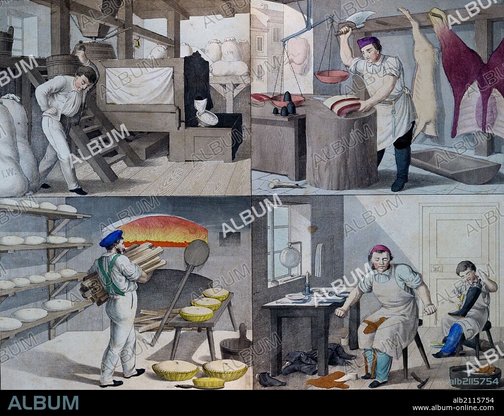 The bakery, the butchers, the shoemaker, 19th century lithograph, bread, oven, fire, baker, bake, flour, baked, boots, leather, craft, shoe, hammer, tool, handcraft, handwork, craftsman, soles, leather shoe, repairing, footwear, , butcher, slaughter, slaughter animals, meat, cuts of meat, butcher shop, butcher's shop, shop, butchery, slauthermen, sausage, sausage making, meat cutter, charcuterie, traditional sausage making, knife, food and drink, liszt gourmet archive.