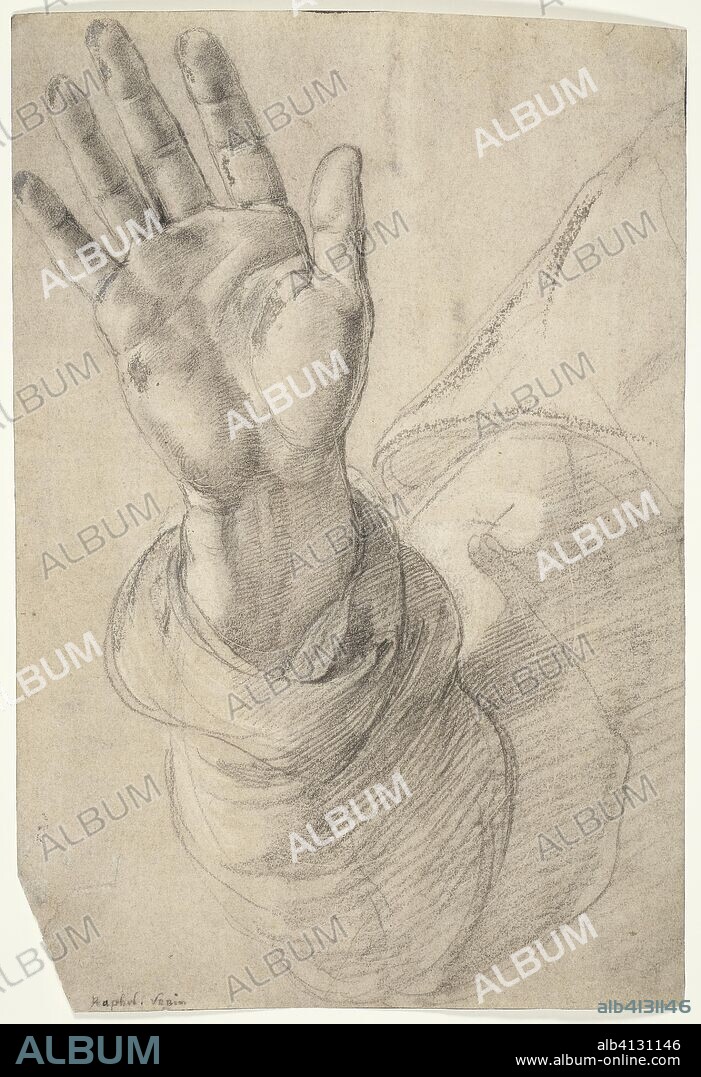 Upraised Right Hand, with Palm Facing Outward: Study for Saint Peter. Raffaello Sanzio, called Raphael; Italian, 1483-1520. Date: 1518-1520. Dimensions: 286 x 197 mm. Black chalk, heightened with white chalk and lead white, partially oxidized, over stylus underdrawing, on cream laid paper. Origin: Italy.