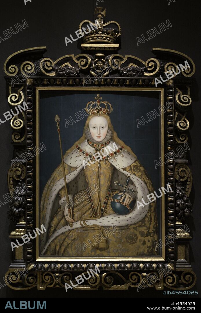 Queen Elizabeth I of England (1533-1603 . Portrait by an unknown English artist. This painting is known as "The Coronation portrait". Elizabeth is depicted crowned, wearing the cloth of gold that she wore at her coronation on January 15, 1559. Oil on panel, c. 1600. National Portrait Gallery. London, England, United Kingdom.
