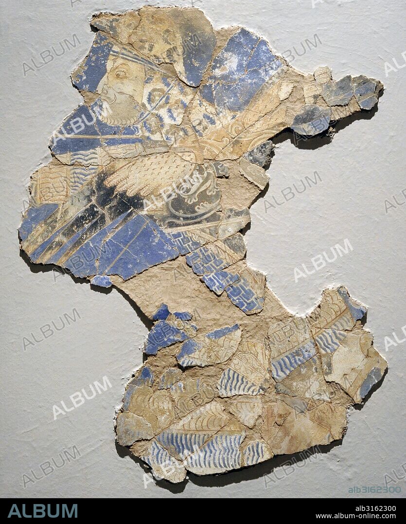 Arte. Edad Media. Asia Central. Ruta de la Seda. Demonio-Guerrero alado. Pintura mural. Principios siglo IX. Palacio de la ciudad de Kalai Kahkaha (Bunjikat), Antigua capital de Osrushana. Tayikistan. Palacio. Sala de ceremonias. Cámara 4. Pared occidental. Segundo nivel. Museo del Hermitage (The State Hermitage Museum). San Petersburgo. Rusia.