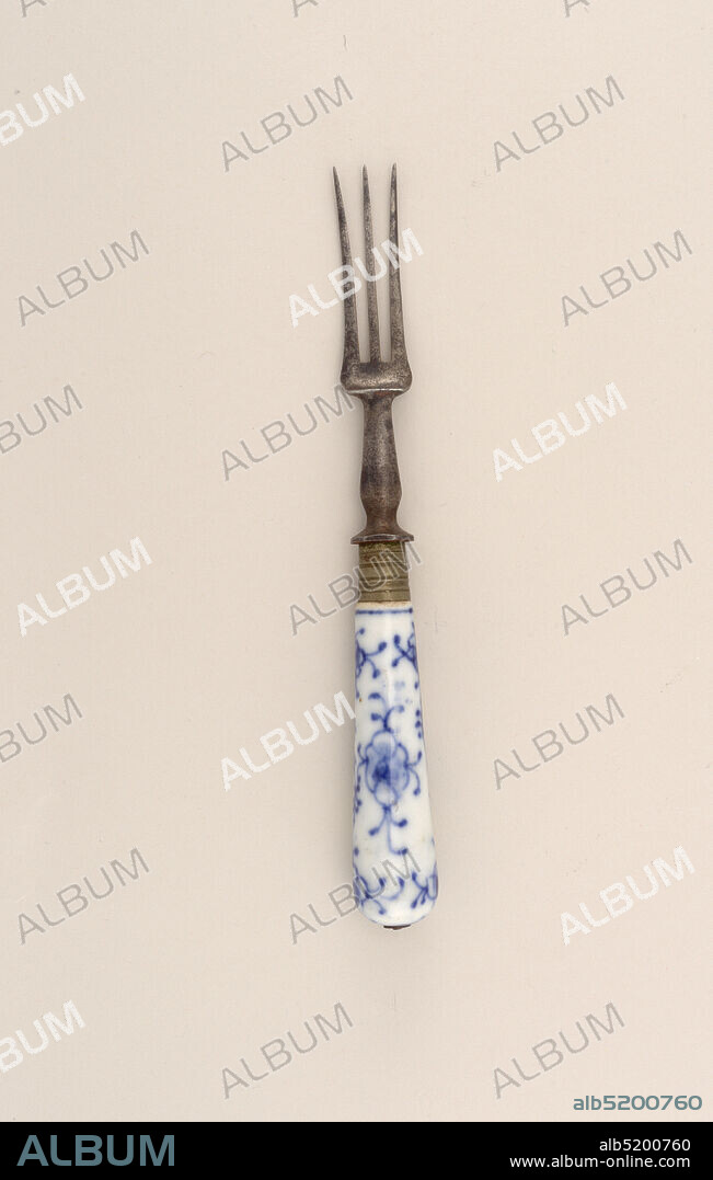 Fork and Knife with Porcelain Handles, Meissen Porcelain Manufactory, German, active from 1710 to the present, F. & E. Marcus, German, 18th century onwards, hard paste porcelain, vitreous enamel, gold, nickel, steel, knife (a): Slightly curved rounded steel blade and tapering tubular porcelain handle. Nickel socket. Blue and white porcelain handle comprising stylized blue flowers and sprigs on a white ground., fork (b): three tine fork and tubular tapering porcelain handle, nickel socket. Blue and white handle decorated wtih stylized blue flowers on a white ground., Germany, 18th century, ceramics, Decorative Arts, fork and knife, fork and knife.