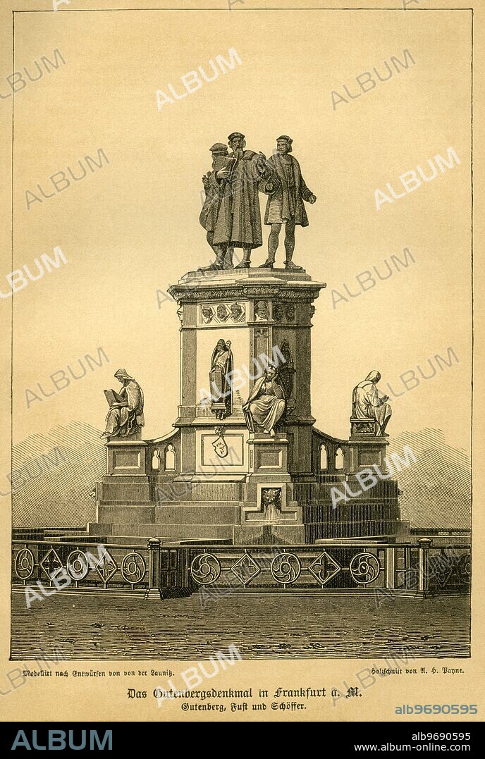 Europe, Germany, Hesse, Frankfurt am Main, Johannes Gutenberg, original text : ' The monument of Gutenberg in Frankfurt a. M. - Gutenberg, Fust and Schv?ffer ' , German sculptor von der Launitz, illustration from : ' Illustrirte Gallerie bervºhmter Mv§nner aller Vv?lker und Zeiten ' ( illustrated gallerie of famous men of all races and times ) , new issue, publishing house Fr. Eugen Kv?hler , Gera, 1880th - 1890th , wood engraving A. H. Payne .