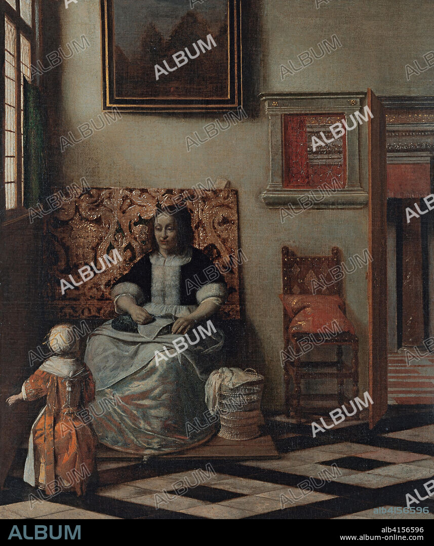 PIETER DE HOOCH. Pieter Hendricksz. de Hooch (Róterdam, 1629-Amsterdam, 1684). Interior con una mujer cosiendo y un niño (hacia 1662 - 1668). Óleo sobre lienzo. 54,6 x 45,1 cm.