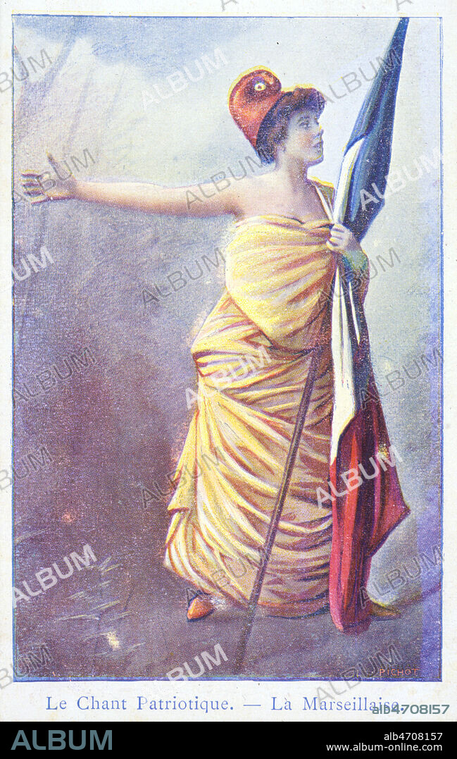 'Le chant patriotique : la Marseillaise' : Marianne tenant un drapeau francais. Carte postale de 1914. Credit : Collection IM/KHARBINE-TAPABOR.