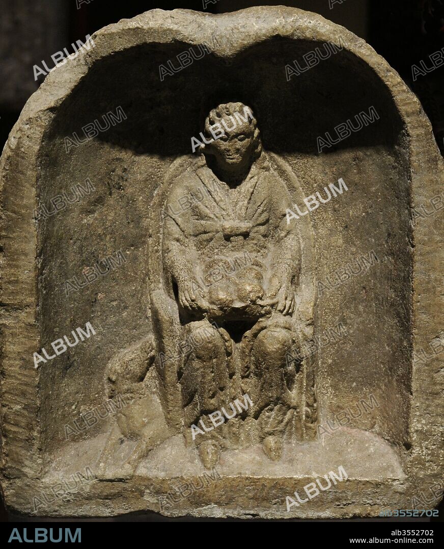Votive stone dedicated to Goddess Nehalennia, patron of navigation. Found in the Hohe Street, Cologne, Germany. Roman-Germanic Museum. Cologne. Germany.