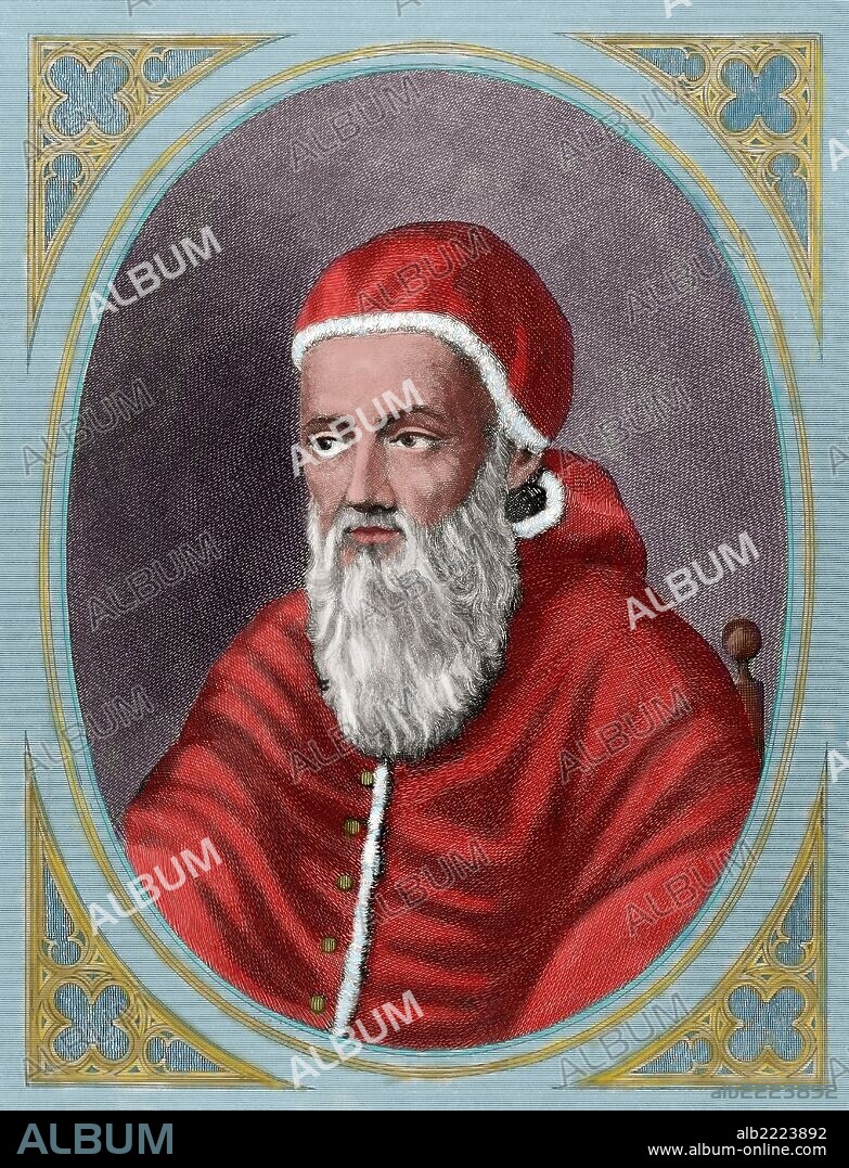 JULIO II (1443-1513). Papa número 216 de la Iglesia Católica, de 1503 a 1513. Se le conoce como "El Papa guerrero" por la intensa actividad política y militar de su pontificado. Grabado por L. Roca. "La Revolución Religiosa", año 1880. Coloreado.