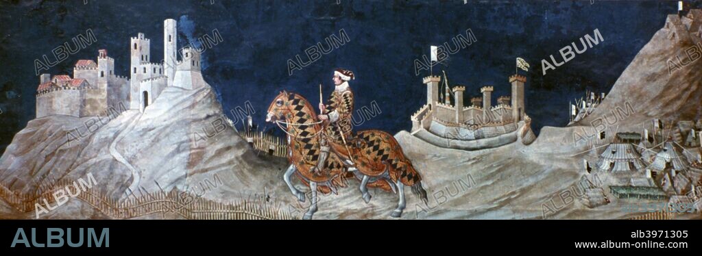 'Commemoration of Guidoriccio da Fogliano at the Siege of Montemassi, from the Sala del Mappamondo', (detail), 1328. A fresco in the Palazzo Pubblico, Siena, Italy.