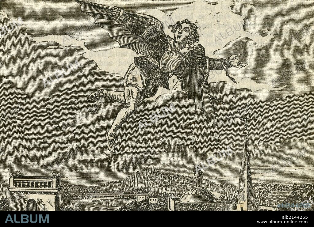 Giovanni Battista Dante, Italian mathematician, making a flight over Perugia in 1684 using wings. Strap failed on one arm and he fell, breaking his thigh. Woodcut, 1832.  (Photo by: Universal History Archive/UIG via Getty Images).