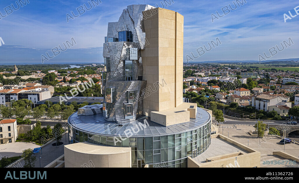 Aerial of the LUMA Cultural Center building, architect Frank Gehry, Arles, Bouches du Rhone, Provence-Alpes-Cote d'Azur, France, Europe.