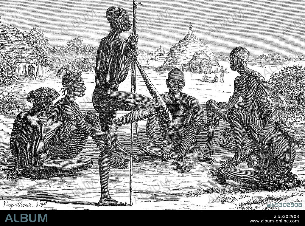 Natives of the Dinkas tribe, an African ethnic group in South Sudan  /  Eingeborene vom Stamm der Dinkas, eine afrikanische Ethnie im Südsudan, Reproduction of an original 19th century print / Reproduktion von einem Originaldruck aus dem 19. Jahrhundert.