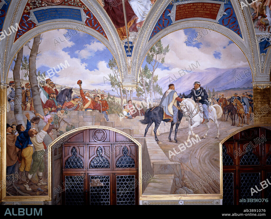 PIETRO ALDI. Victor Emanuel II Meeting Giuseppe Garibaldi at Teano. Date/Period: 1886. Painting. Fresco.