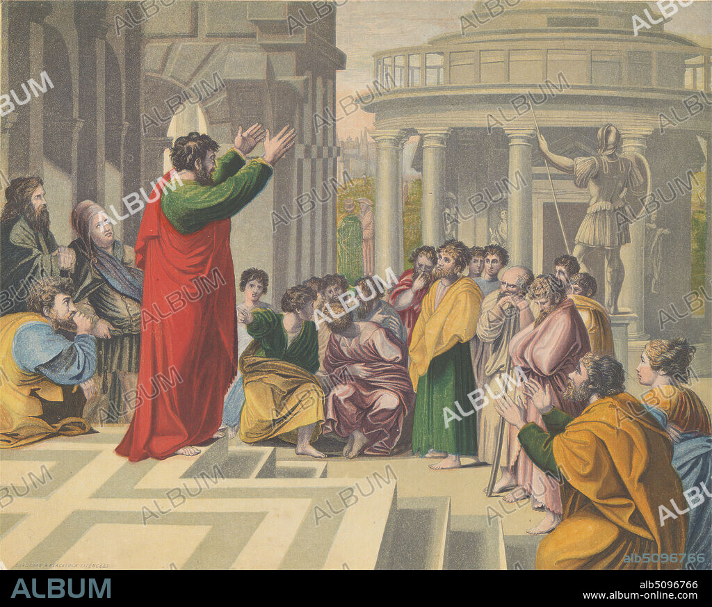 St Paul Preaching in Athens, George Baxter, 18041867, British, after Raphael, Italian, 14831520, Italian, Print made by Bradshaw & Blacklock, active ca.1850, British, Published by Bradshaw & Blacklock, active ca.1850, British, after 1855, Aquatint, etching, stipple engraving and color woodcut on thick, smooth, cream wove paper mounted on moderately thick, smooth, beige wove paper, Image: 5 7/8 x 7 3/8 inches (14.9 x 18.7 cm), arches, architecture, balustrade, beards, beards, Christian, cloaks, columns, disciples, discussion, gesturing, listening, New Testament, Paul in Athens: on the Areopagus he discusses with philosophers (in front of the temple of Mars), people, philosophers, preaching, religious, religious and mythological subject, sculptures, statues, steps, tapestry, temple, temple, the Raphael Cartoons, togas.