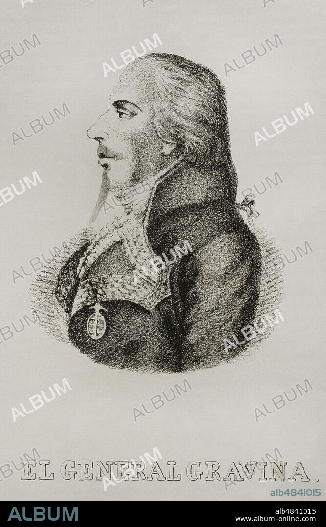Federico Gravina (Palermo, Sicilia,1756-Cádiz,1806). Marino y militar español. 12º capitán general de la Real Armada Española. Participó en la Batalla de Trafalgar. Retrato. Grabado. Historia del Levantamiento, Guerra y Revolución de España, por el Conde de Toreno. Madrid,1851.