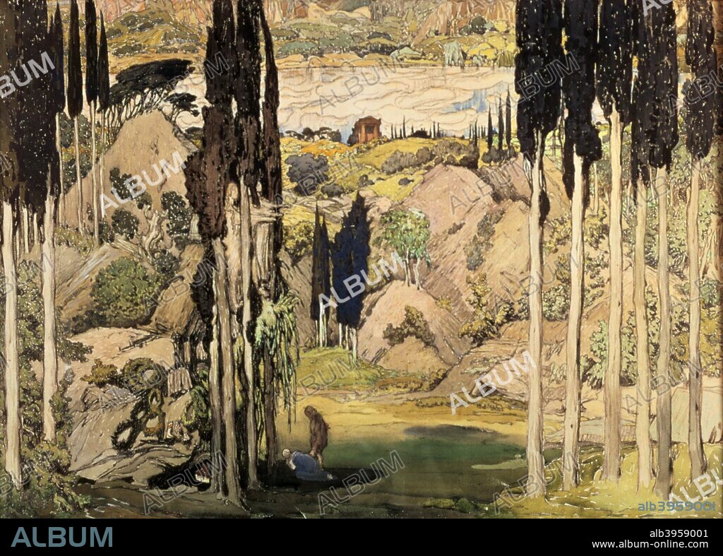 Set design for Act II of a Ballet Russes production of Ravel's Daphnis and Chloe, 1912. Published in L'Art Decoratif de Leon Bakst. (Paris, 1913). From the Museum of Decorative Arts, Paris.