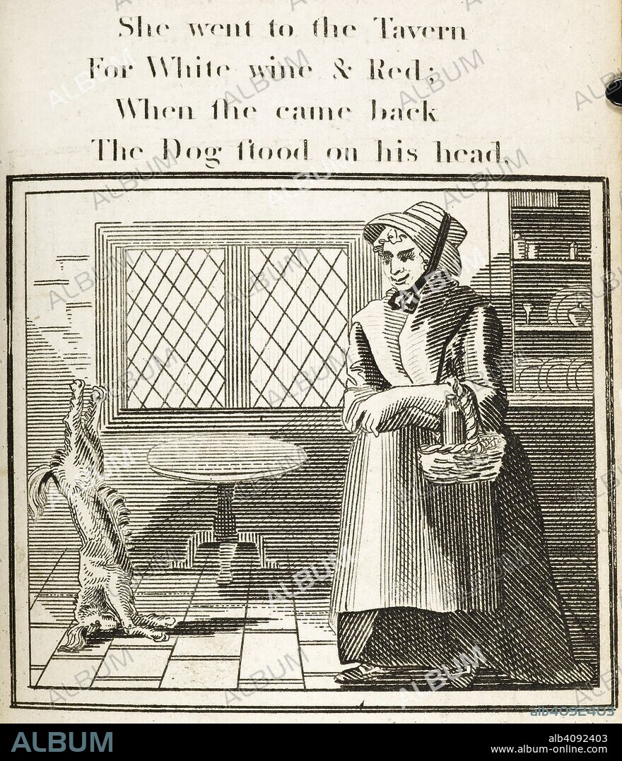 Poem and illustration showing Old mother Hubbard in an inn, watching a dog stand on it's head. . The Comic Adventures of Old Mother Hubbard, and her Dog. Second edition. [The dedication signed: S. C. M., i.e. Sarah Catherine Martin.]. J. Harris: [London,] 1806. Source: CH.800/101.(4).