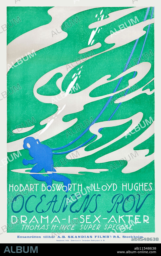 UNKNOWN. Below the Surface (Famous Players- Lasky, 1920). Swedish movie poster.  Originally, a handcut linocut or linoleum print pulled by hand from the early silent day of film posters in Sweden. The film was an expensive project for producer Thomas Ince during his Paramount days, and stars Hobart Bosworth as a diving expert who will avoid corruption at the cost of his son and his livelihood.
