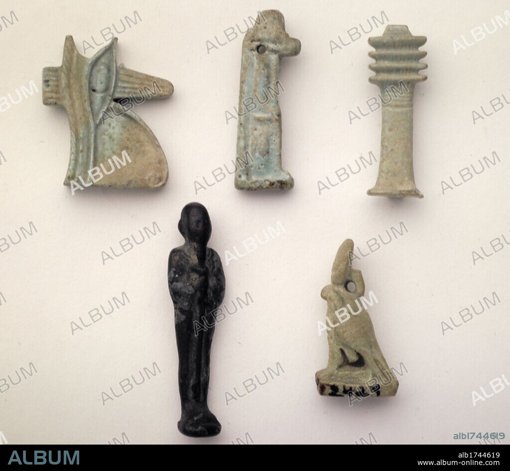 Madrid, M.A.N. Arte Egipcio. Baja Época. Procedencia desconocida. Colección T.Asensi.
2293: Amuleto de Udyat, ojo sagrado de Horus. Fayenza. (alt.2.25, anch.0.5). s.VI-III a.c. 
2238: Amuleto de Anubis, dios funerario, protector de la necrópolis y los difuntos. (alt.3.1, anch.0.7) s.VI-III a.c.
2475: Amuleto de fayenza del pilar Dyed, símbolo de Osiris (la estabilidad del mundo, los seres, su duración). Alt.3, anch.0,.5. s.VI-III a.c. 
2171:Amuleto de bronce del Dios Ptah, divinidad principal de Menfis, Dios creador de la palabra y padre de los dioses, de todas las cosas, patrón de orfebres. (alt.4, anch.1) s.VI-III a.c.
2429: Amuleto de fayenza representando un halcón, simbolo del dios Horus. (alt.2.7, anch.1.4) s.VI-III a.c.