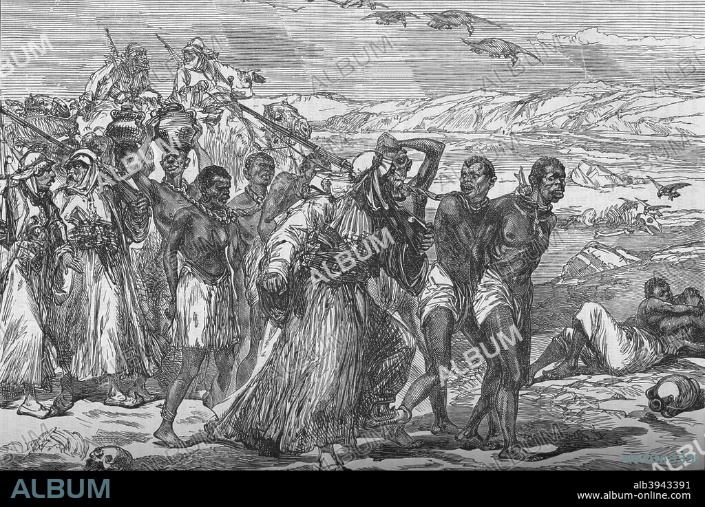 'Slave Gang Crossing The African Desert', c1881-85. Episode of the Mahdist War, (1881-1899). From British Battles on Land and Sea, Vol. IV, by James Grant. [Cassell Petter & Galpin, London, Paris & Melbourne, c1880].