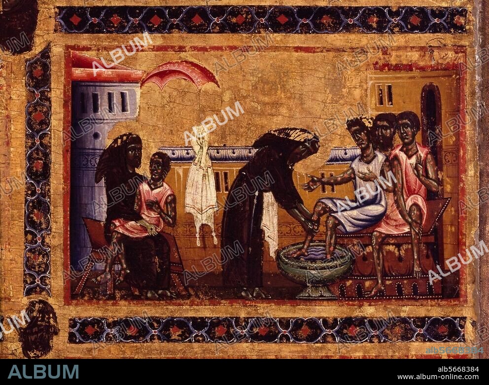 Bonaventura Berlinghieri (attributed to). active 1228-1274. "St. Francis Nurses Leper". Detail of the altar panel depicting scenes from the life of St. Francis. On wood. Florence, S. Croce (Bardi-Chapel). (Photo: Stefan Diller).