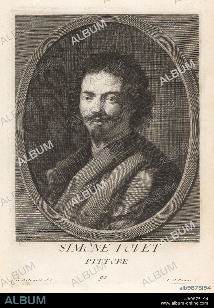 Simon Vouet, French historical painter, 1590-1649. Studied and rose to prominence in Rome, Italy, before being hired by King Louis XIII as Premier peintre du Roi in France. Simone Vouet, Pittore. Copperplate engraving by Pietro Antonio Pazzi after Giovanni Domenico Campiglia after a self portrait by the artist from Francesco Moucke's Museo Florentino (Museum Florentinum), Serie di Ritratti de Pittori (Series of Portraits of Painters) stamperia Mouckiana, Florence, 1752-62.