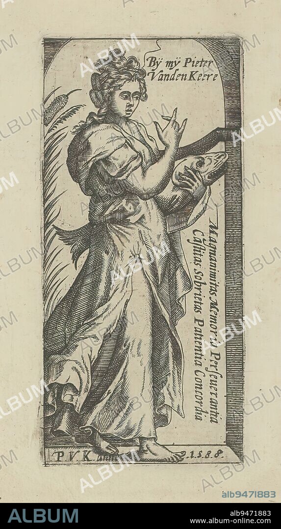 Female personification of virtue (?), Female figure holding large fish (cod?) in her hands. To the left of her cane stalks and plumes. Possibly intended as a small title page for a series with personifications of the virtues mentioned in the caption: Magnanimitas, Memoria, Perseverantia, Castitas, Sobrietas, Patientia, Concordia., print maker: Pieter van der Keere, (mentioned on object), publisher: Pieter van der Keere, (mentioned on object), Low Countries, 1588, paper, engraving, height 112 mm × width 53 mm.