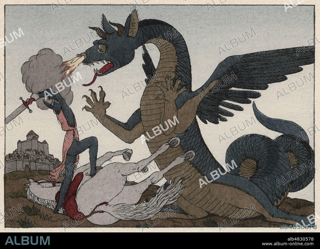 Combat de Tristan et du Dragon pour conquerir Iseut la blonde, la Belle aux cheveux d'or. Illustration de 1946 par Andre MARTY (1882-1974) pour Le Roman de Tristan et Iseut par Joseph BEDIER (1864-1938). ADAGP. Credit : Collection Jonas/Kharbine-Tapabor.