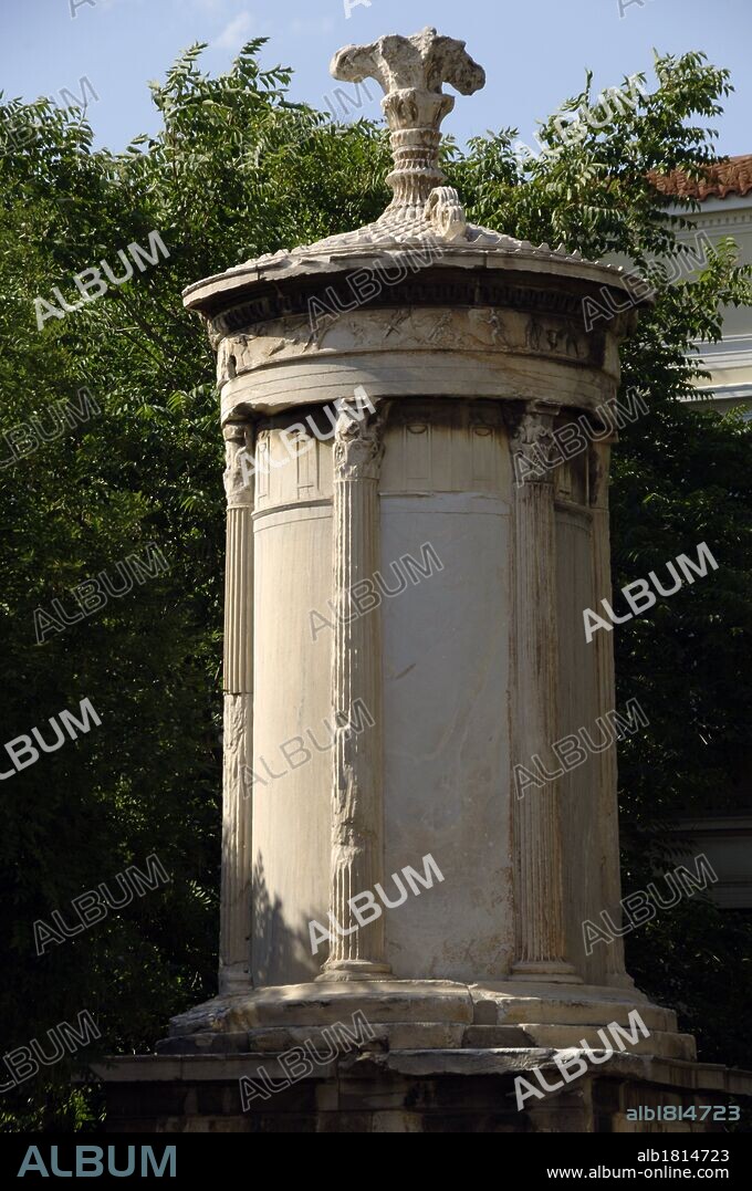 Greece, Athens. The Choragic Monument of Lysicrates, 335-334 BC. Corinthian order. It  was erected by the choregos Lysicrates,  patron of musical performances in the Theater of Dionysus, to commemorate the prize in the dithyramb.
