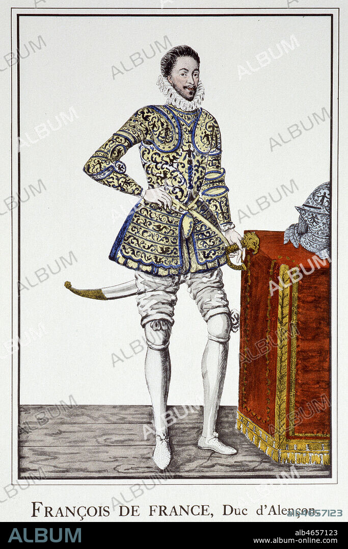 Francois de France, duc d'Alencon et d'Anjou, fils de France, 1582. 5eme fils de Catherine de Medicis et de Henri II il porte tout d'abord le prenom Hercule, puis Francois a la mort de son frere aine le roi Francois II . Serie de personnages historiques pendant la renaissance en France, 16eme siecle. Gravure in porte folio Costumes historiques, milieu 19eme. Credit Collection VAV/Kharbine Tapabor.