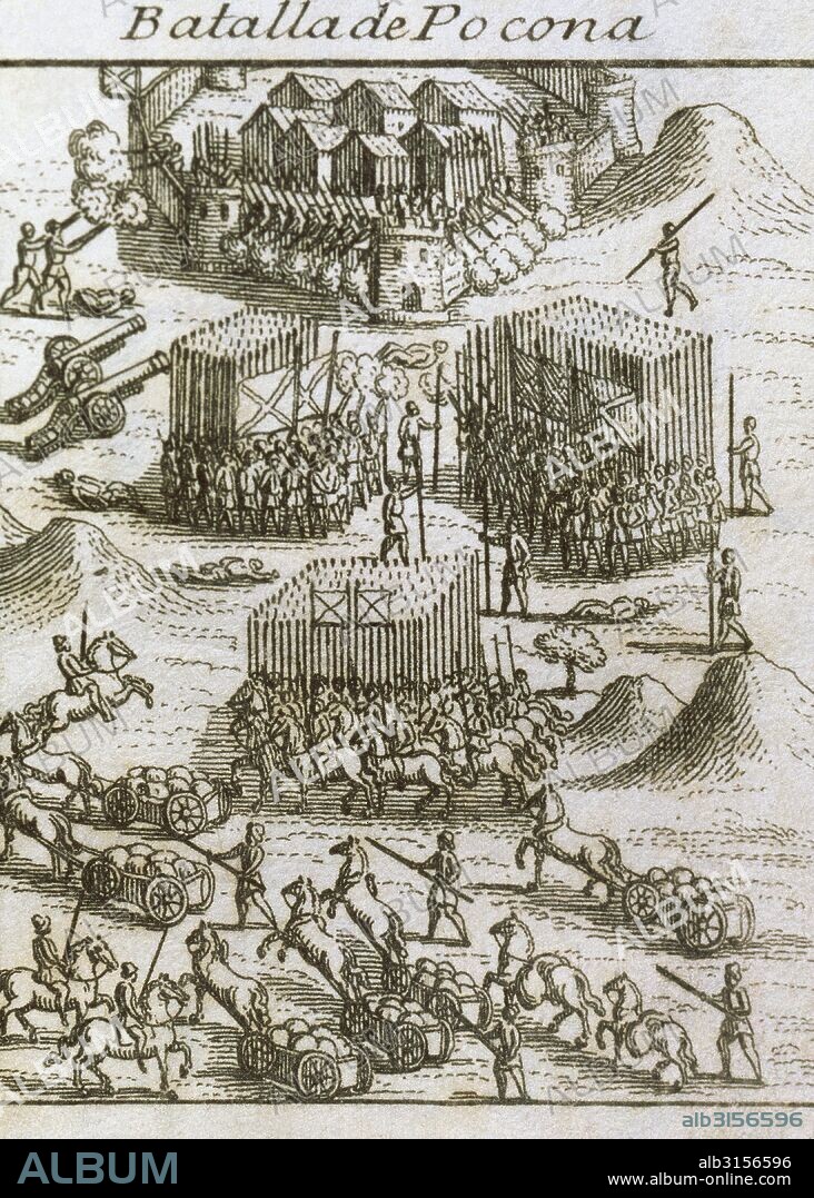 Peruvian civil wars between the Spanish conquerors (1537-1554). Battle of Pocona (1546), one of the episodes of the struggle for the Inca Empire between supporters of Gonzalo Pizarro (Pizarristas) and Diego de Almagro (Almagristas) and where Francisco de Carvajal (1464-1548), Pizarro's liutenant, defeated his main opponents Diego Centeno, Lopez de Mendoza and Nicolas Heredia. Engraving, 1726.