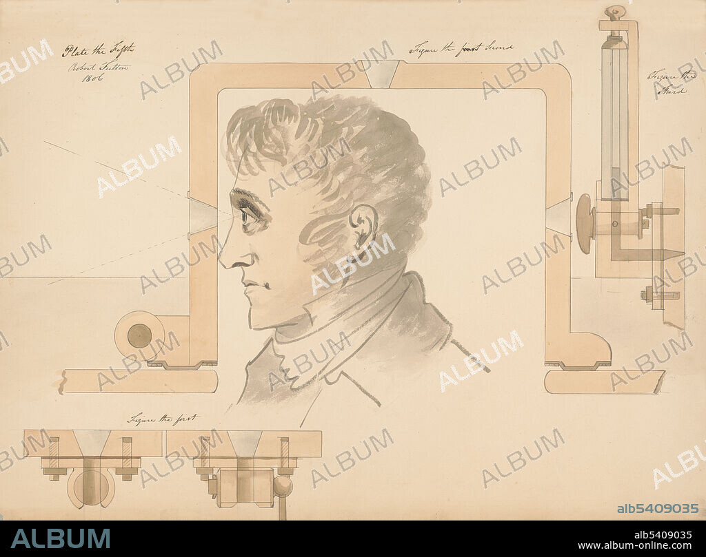 Submarine Vessel, Submarine Bombs and Mode of Attack for the United States government by Robert Fulton, 1806. Vessel sighting mechanism details. Robert Fulton (1765 - 1815) was an American engineer and inventor. While living in France, Fulton designed the first working muscle-powered submarine, Nautilus, between 1793-97. On July 3, 1801, at Le Havre, Fulton took the Nautilus down to the then-remarkable depth of 25 feet. With his three crewmen and two candles burning he remained for an hour without difficulty. (cropped and cleaned).