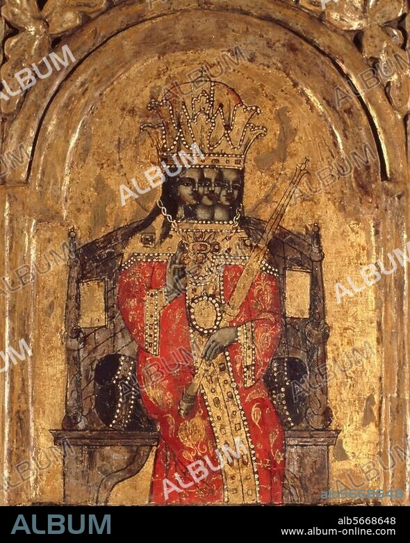 Icon painting, Serbian, 17th century. "The Holy Trinity". (Represented as a three-headed being). Tempera on wood. Belgrade, Museum of the Orthodox Church.