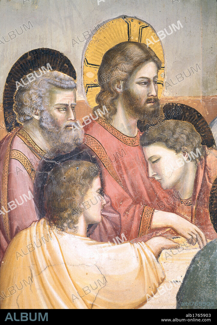 Stories of the Passion The Last Supper, by Giotto, 1304-1306 about, 14th Century, fresco, cm 200 x 185. Italy, Veneto, Padua, Scrovegni Chapel. Scenes from the Passion of Christ The Last Supper Jesus and three of his Apostles Disciples.