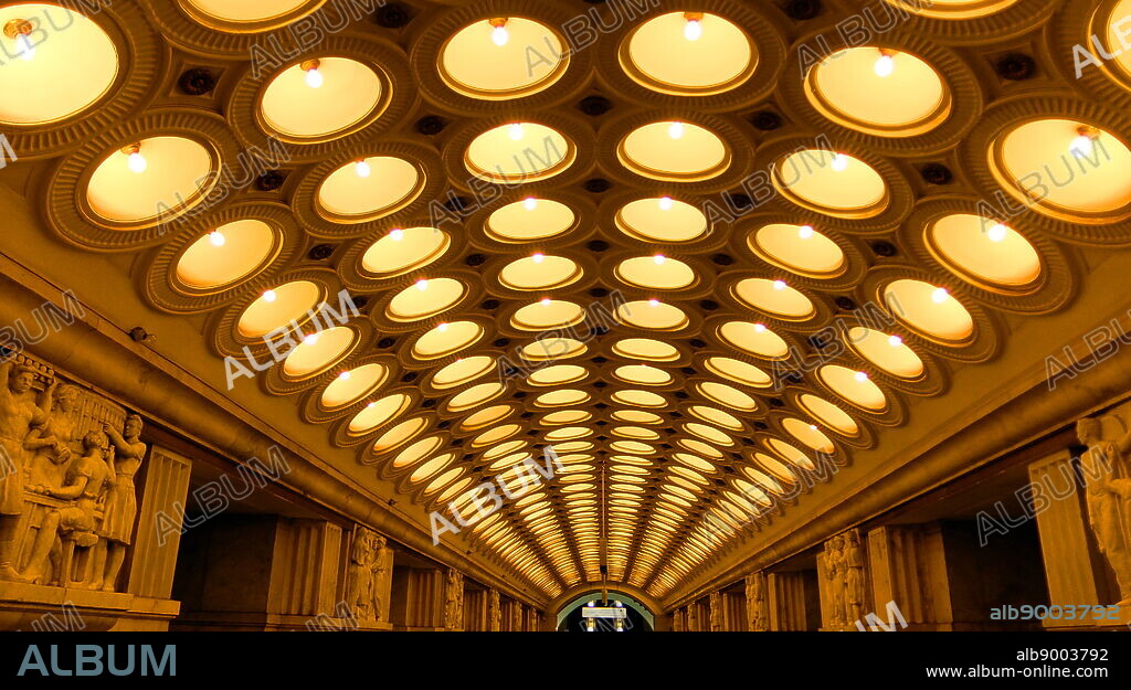 Elektrozavodskaya, Moscow Metro station on the Arbatsko-Pokrovskaya Line. Built as part of the third stage of the Moscow Metro and opened on 15 May 1944 during World War II, the station is one of the iconic symbols of the Soviet era transport system. The station's legacy was that it serves as a bridge between the pre-war Art Deco-influenced Stalinist architecture.