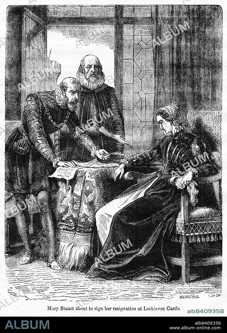 Mary Stuart about to sign her Resignation at Lochlevan Castle, Illustration from the Book, John CasselÄôs Illustrated History of England, Volume II, text by William Howitt, Cassell, Petter, and Galpin, London, 1858.