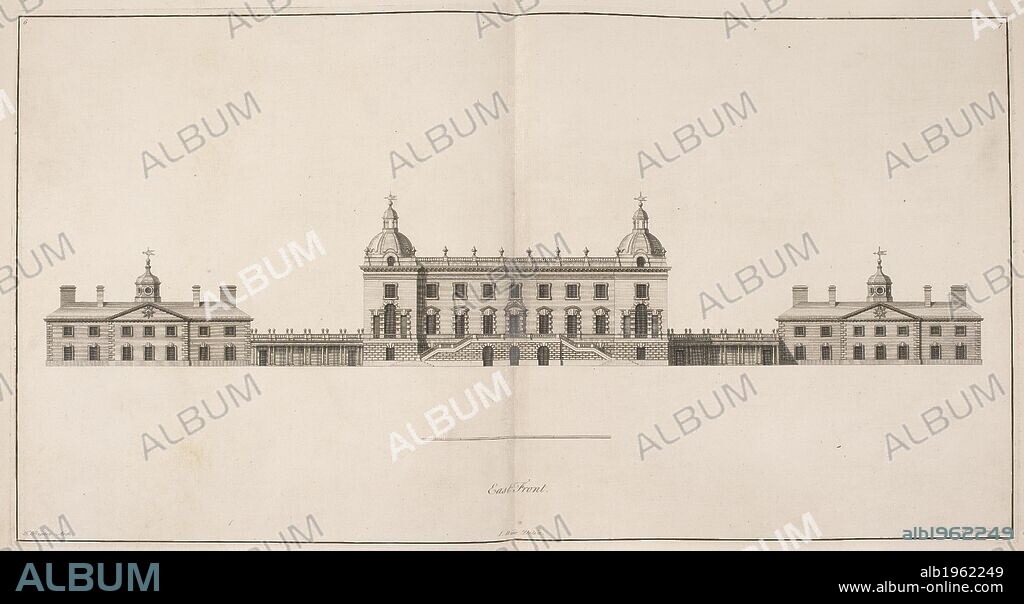 Front elevation of Houghton Hall, Norfolk. A stately home and very large house with two wings and central building. Palladian architecture. The plans, elevations, and sections, chimneys pieces, and ceilings of Houghton Hall. London, 1735. The plans, elevations, and sections, chimneys pieces, and ceilings of Houghton ... in Norfolk; the seat of ... Sr R. Walpole ... Published by I. W. Source: 649.b.9 6-7. Language: English.