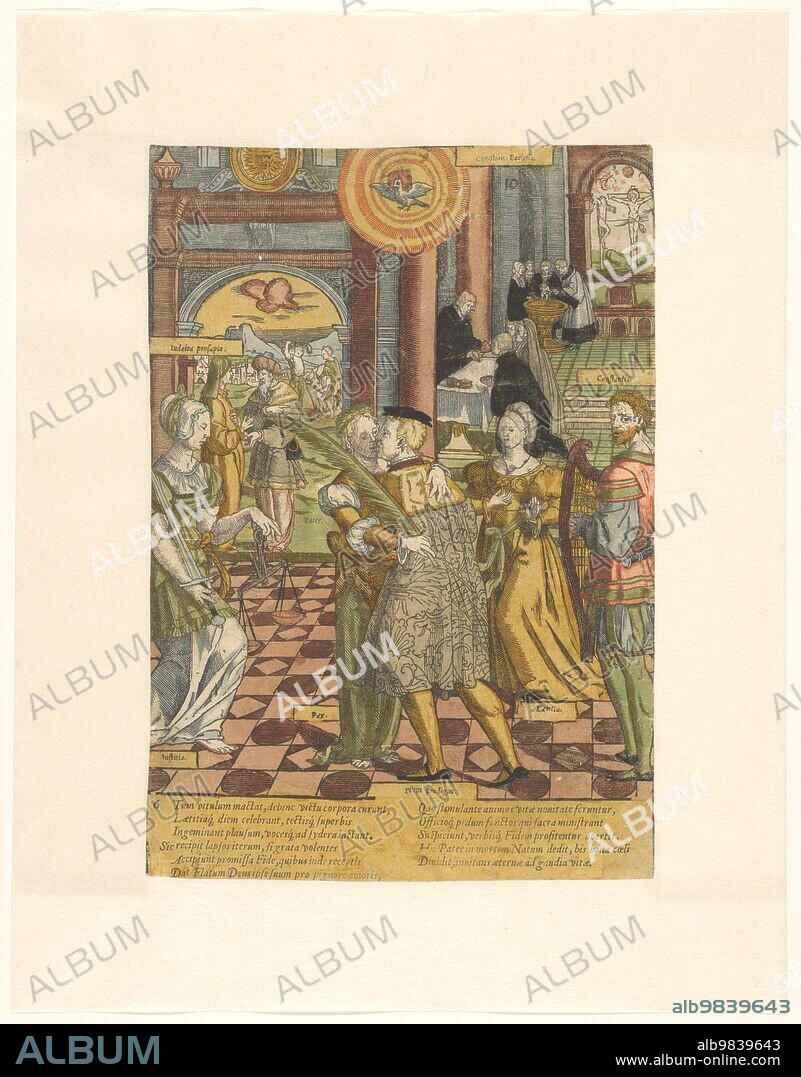 CORNELIS ANTHONISZ. The reunification and forgiveness of the prodigal son, c.1540-c.1550. Son (Filius Prodigus) is embraced by Peace (Pax). Around them are justice (Justicia), joy (Laeticia) and steadfastness (Constantia). Above them the Holy Spirit. In the background the father in conversation with personification of the Jewish people (Gens Judaica), two men going to slaughter a cow, and a church interior (Ecclesia) with the baptism of a child and the Eucharistic celebration. Print from a series of six woodcuts with six-line Latin captions. The woodcut is hand-coloured where the costumes have been adjusted / modernized.