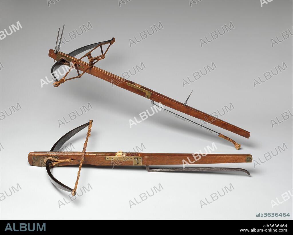 Crossbow with Spanning Lever. Culture: Spanish, possibly Valencia or Toledo; lever possibly Madrid. Dimensions: crossbow L. 32 5/8 in. (82.9 cm); W. 21 1/2 in. (54.6 cm); Wt. 6 lb. (2,726 g). spanning lever L., extended 18 3/8 in. (46.6 cm); W. 2 5/8 in. (6.7 cm); Wt. 1 lb. 3 oz. (548 g). Date: crossbow, ca. 1540-60; spanning lever, ca. 1525-75.
