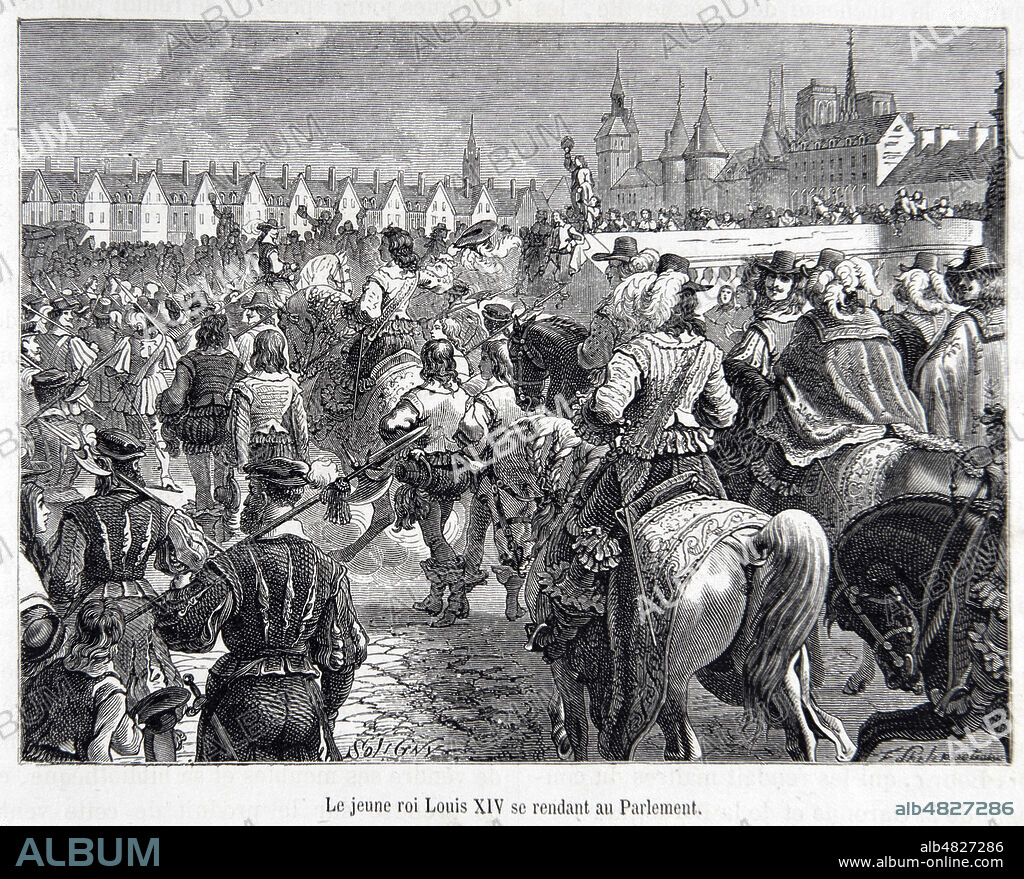 'Le jeune roi Louis XIV se rendant au Parlement' durant la Fronde (17eme, XVIIe s.) Illustration par Philippoteaux (1815-1884) tiree de l'Histoire de France populaire, tome 2, par Henri Martin (1810-1883), vers 1870. Credit : Collection Grob/KHARBINE-TAPABOR.