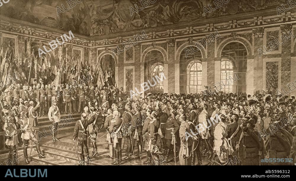 18 January 1871: King Wilhelm I of Prussia is proclaimed German Emperor in the Hall of Mirrors, Versailles Palace. - "The Proclamation of the German Empire". - Painting by Anton von Werner, 1877. Oil on canvas, ca. 4.30 × 8m. Formerly in Berlin, Stadtschloß, Weißer Saal. (destroyed during the war).