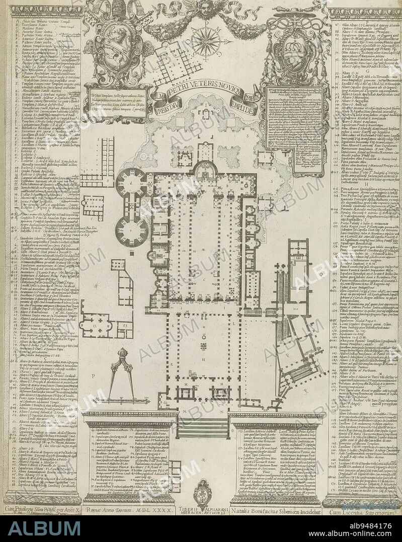 Plans of St. Peter's Basilica and surrounding buildings at Vatican City, Almae Urbis divi Petri veteris novique Templi descriptio (title on object), Plans of St. Peter's Basilica and surrounding buildings at Vatican City. Surrounding lists of explanatory letters and figures. Above the coats of arms of Pope Sixtus V and Cardinal Giovanni Evangelista Pallotta. The print is part of an album., print maker: Natale Bonifazio da Sebenico, (mentioned on object), after design by: Tiberio Alfarano, (mentioned on object), Sixtus V, (mentioned on object), print maker: Italy, after design by: Italy, Vaticaanstad, Vaticaanstad, Vaticaanstad, 1590, paper, etching, height 555 mm × width 429 mm.