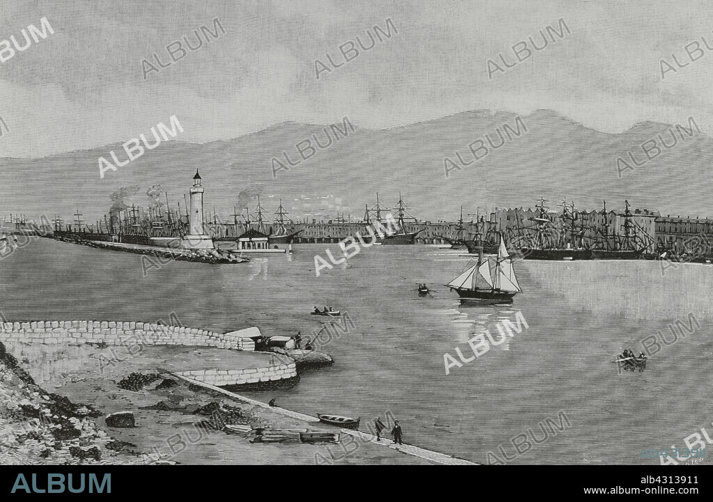 BERNARDO RICO (1825-1894). SPANISH PAINTER AND ENGRAVER.. Francia. Marsella. Vista del puerto nuevo, tomada desde el mar, frente al faro. Grabado por Bernardo Rico (1825-1894). La Ilustración Española y Americana, 1884.