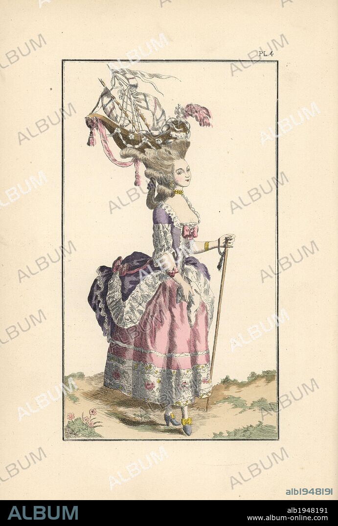 The famous hairstyle inspired by the Belle Poule, a naval frigate that distinguished itself in combat in 1778. Hand-colored lithograph from "Fashions and Customs of Marie Antoinette and her Times," by Le Comte de Reiset, Paris, 1885. The journal of Madame Eloffe, dressmaker and linen-merchant to the Queen and ladies of the court.